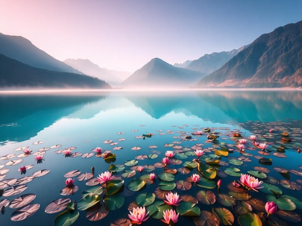 Mansbal Lake with lotus flowers and mountain reflections