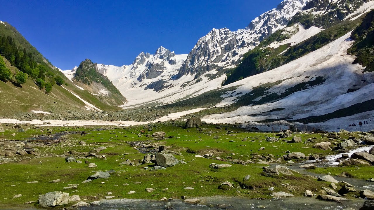 Thajiwas Glacier with ice formations, turquoise meltwater, and trekkers